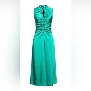 Sandro Teal Satin Ruched Keyhole Maxi Dress